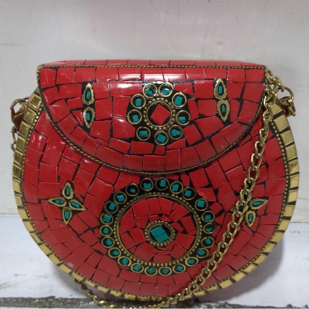 ANTIK KRAFT Metal Red Mosaic Small Bag with Turquoise Accent and Gold Chain